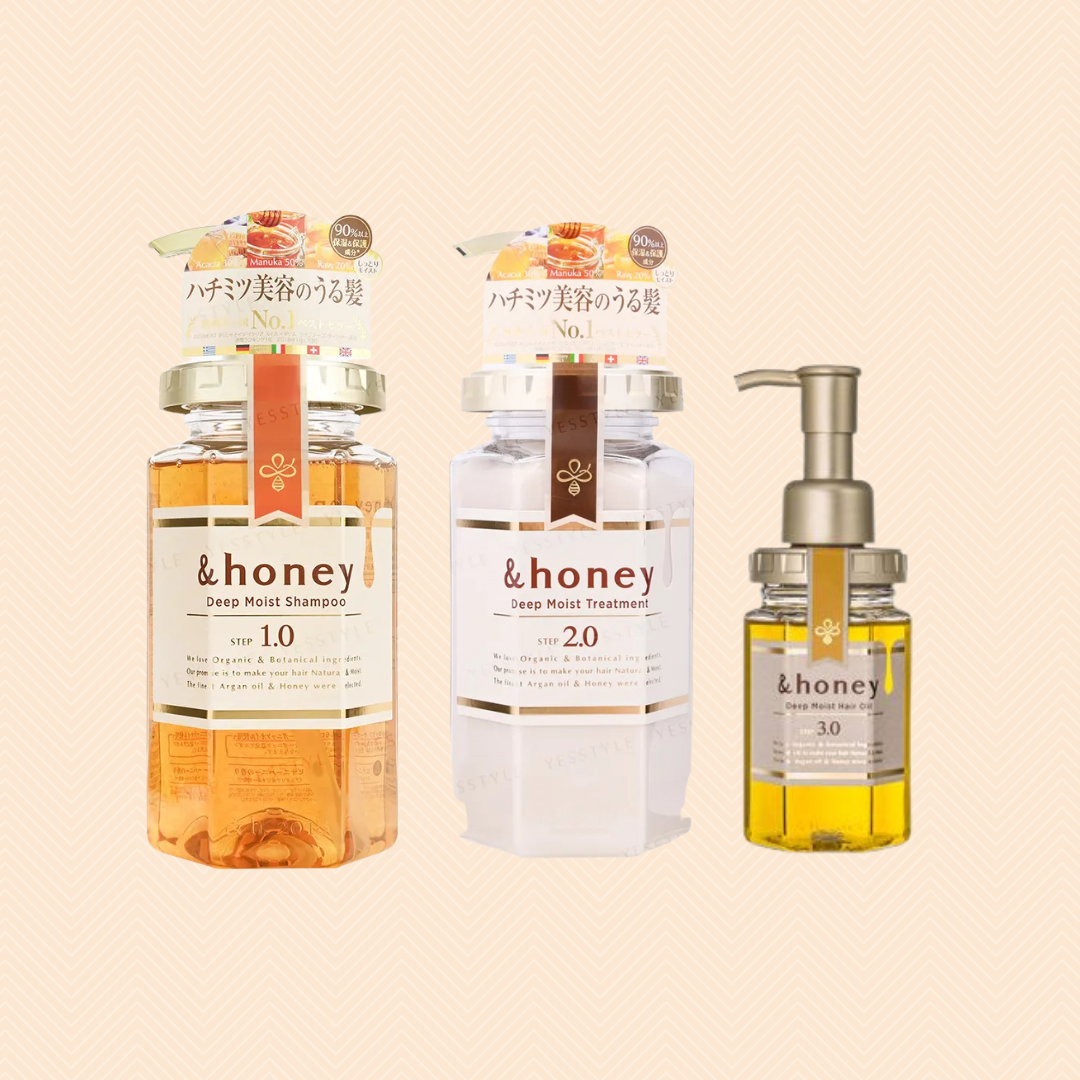 VICREA TRÍO - & honey Deep Moist Shampoo Step 1.0 440ml & honey Deep Moist Treatment Step 2.0 445g & Deep Moist Hair Oil Step 3.0 100ml